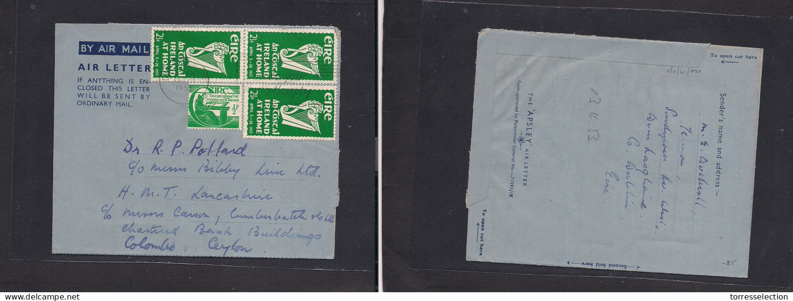EIRE. 1953 (13 Apr) Haghainl - Ceylon, Colombo. Multifkd Airlettersheet, At 8p Rate, Rolling Cachet. Better Dest Usage.  - Oblitérés