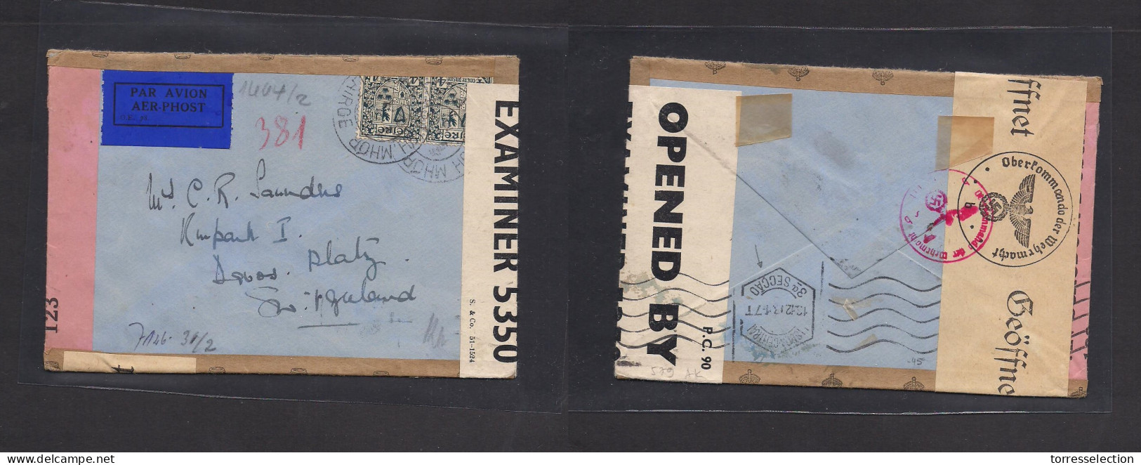 EIRE. 1943 (Dec 2) Mhor - Switzerland, Davos. Air Multifkd Env British + Nazi + Rish Censor Labels, With Air Label + Rev - Gebraucht