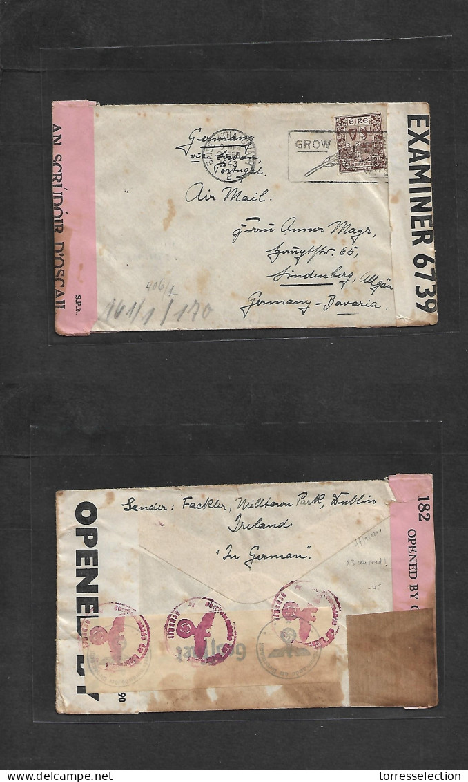 EIRE. 1943 (21 Feb) Baile Atha - Germany, Bayern, Lindenberg. Single 2 1/2d Fkd Env, Triple Censored Front And Reverse I - Oblitérés