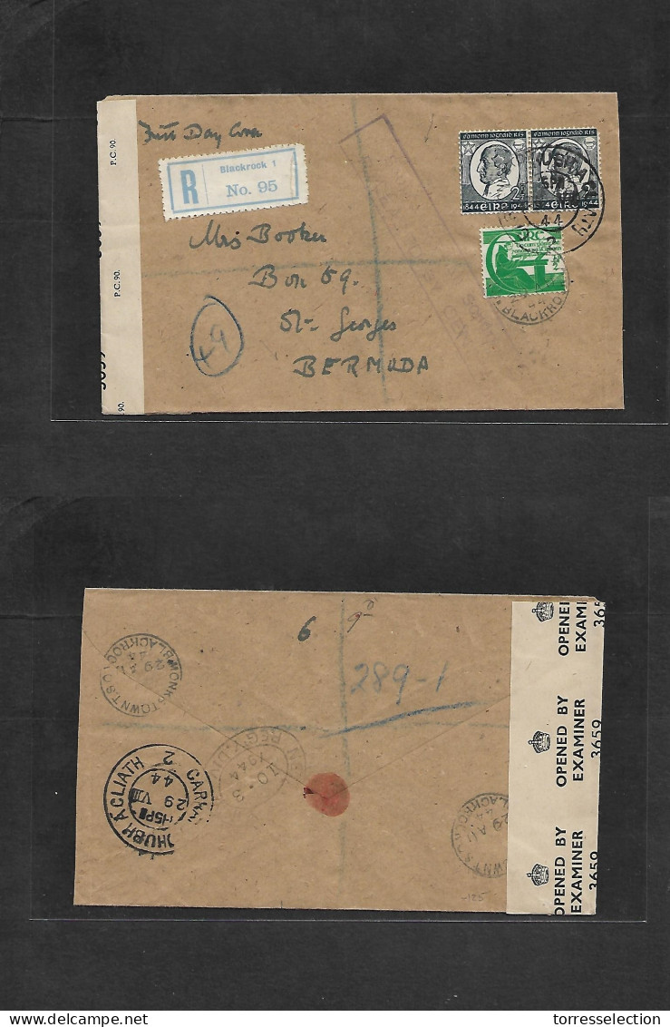 EIRE. 1944 (29 Aug) Blackrock - Bermuda, St. Georges. British Caribbe. Via NY. Dual Censored Multifkd Envelope + Better  - Gebruikt