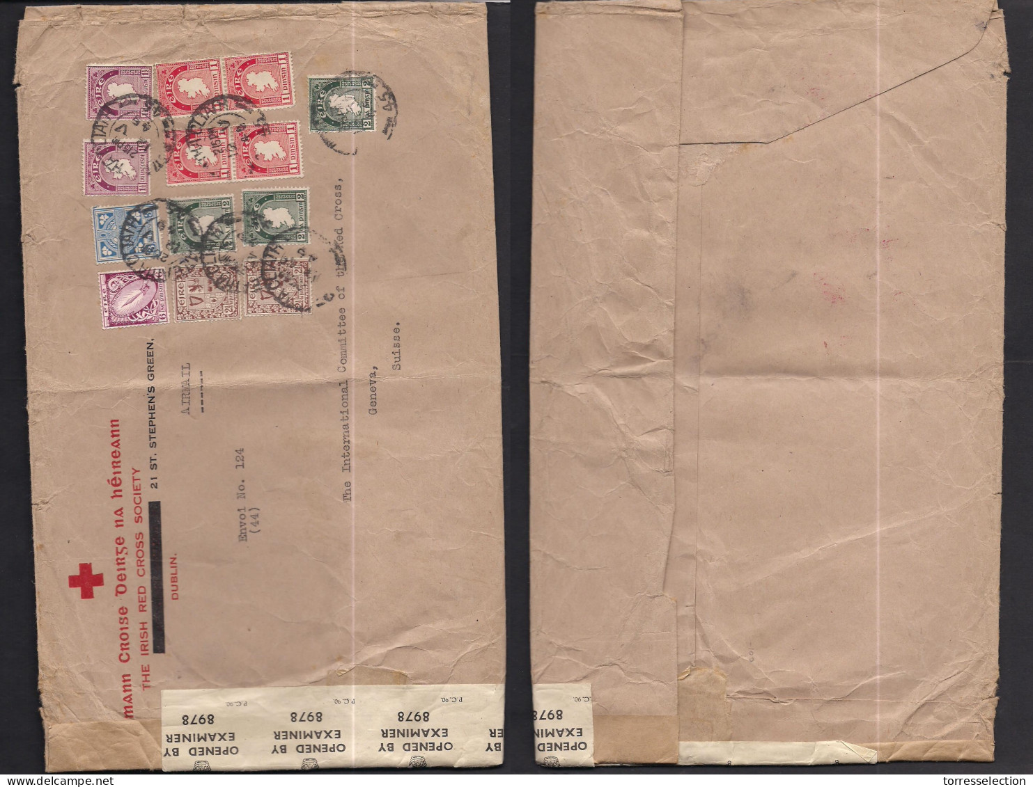 EIRE. 1945 (12 May) Dublin - Switzerland, Geneve. Red Cross. Air Multifkd Env + British Censored. Most Appealing Fkg Usa - Oblitérés