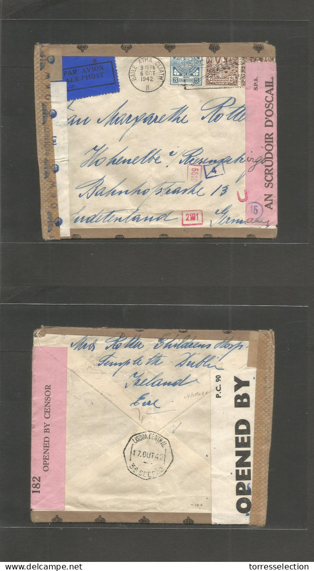 EIRE. 1942 (6 Oct) Baile Atha Cliath - Germany, Sudeteland, Mohenelbe. Air Multifkd Envelope, Slogan Cachet + Cuadruple  - Used Stamps