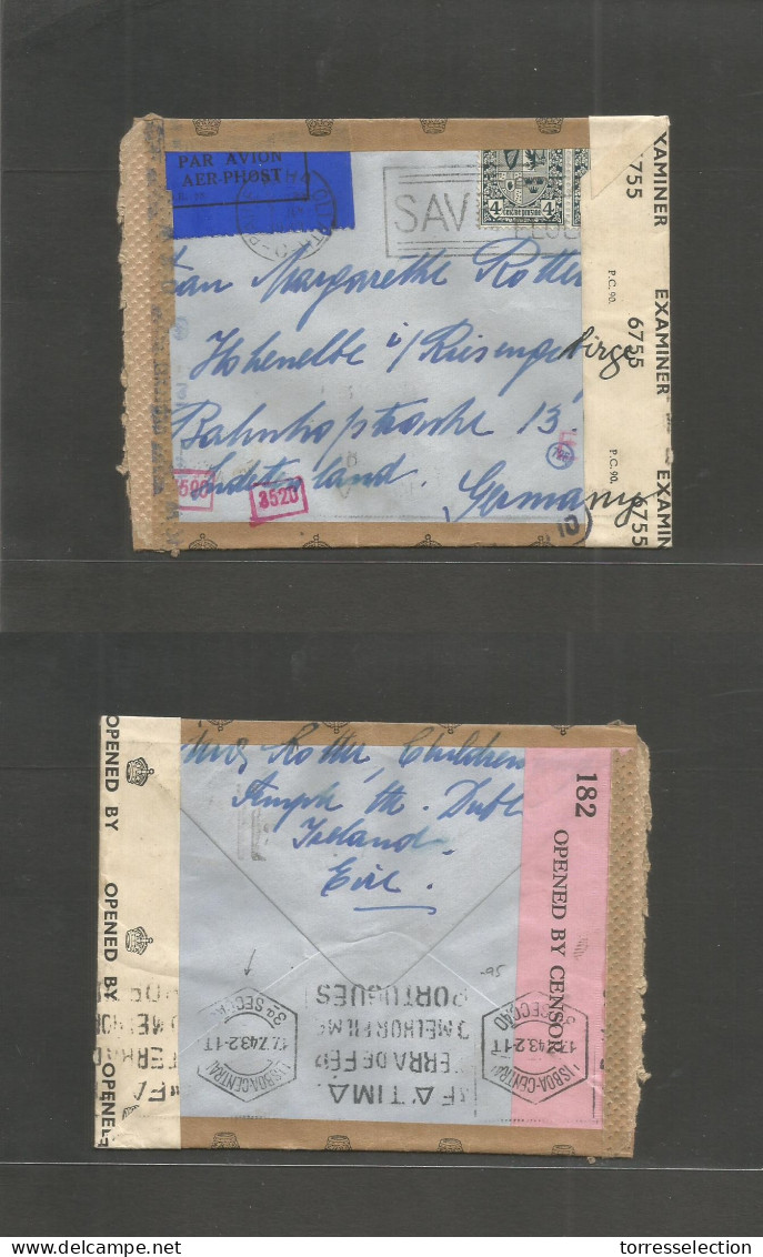 EIRE. 1943 (June - July) Dublin - Germany, Sudetenland. Air Multifkd Env, Cuadruple Censored. Via Lisboa (17 July) VF +  - Usati