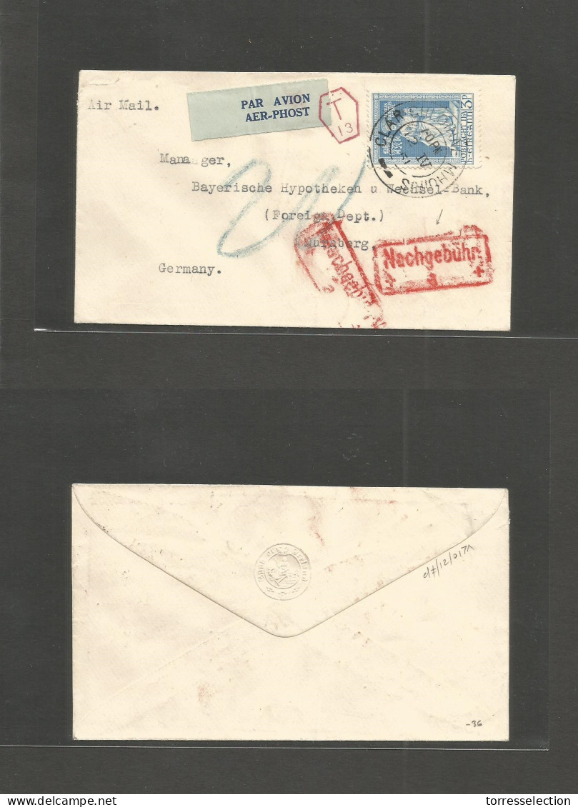 EIRE. 1951 (12 Apr) Glar Chloinane Mhuihis - Germany, Nuremberg Air Fkd Envelope + Red Tax Cachet + Arrival Red Cash Cac - Usati