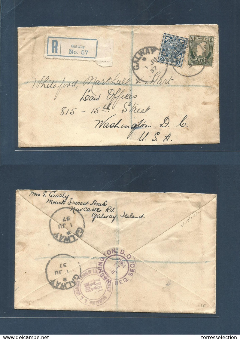 EIRE. 1937 (1 June) Galway - USA, Washington DC (11 June) Registered Multifkd Env. Fine. - Used Stamps