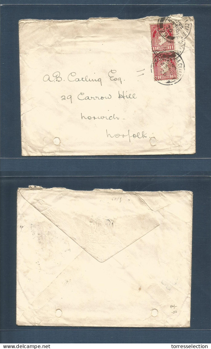 EIRE. 1925 (23 Feb) Atha Clieth - UK, Norwich. Perfin Irish Letters (?) Comercial Letter Usage. Fine And Most Scarce. - Gebruikt