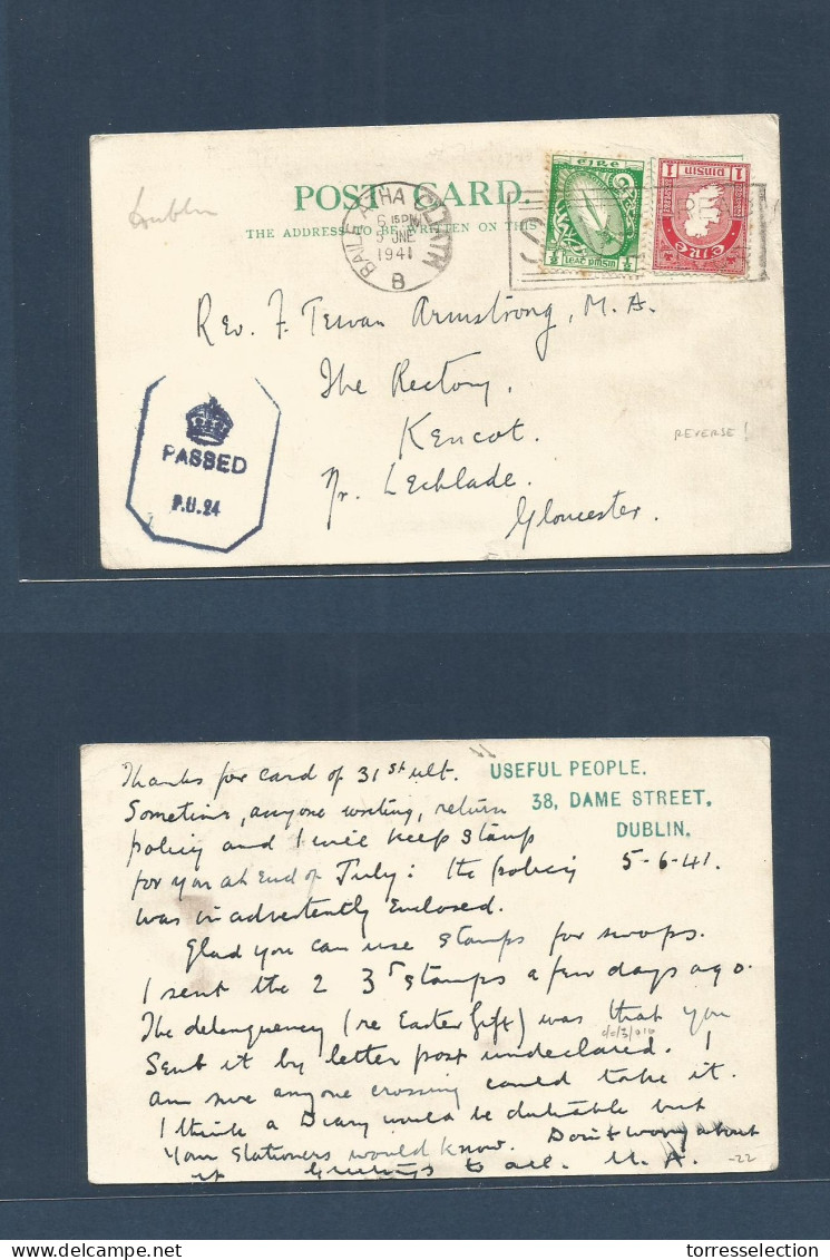 EIRE. 1941 (5 July) Bale Atha Cltath - Gloucester, Kencot. USEFUL PEOPLE. Dublin, Dame Street Private Card Fkd + Censore - Oblitérés