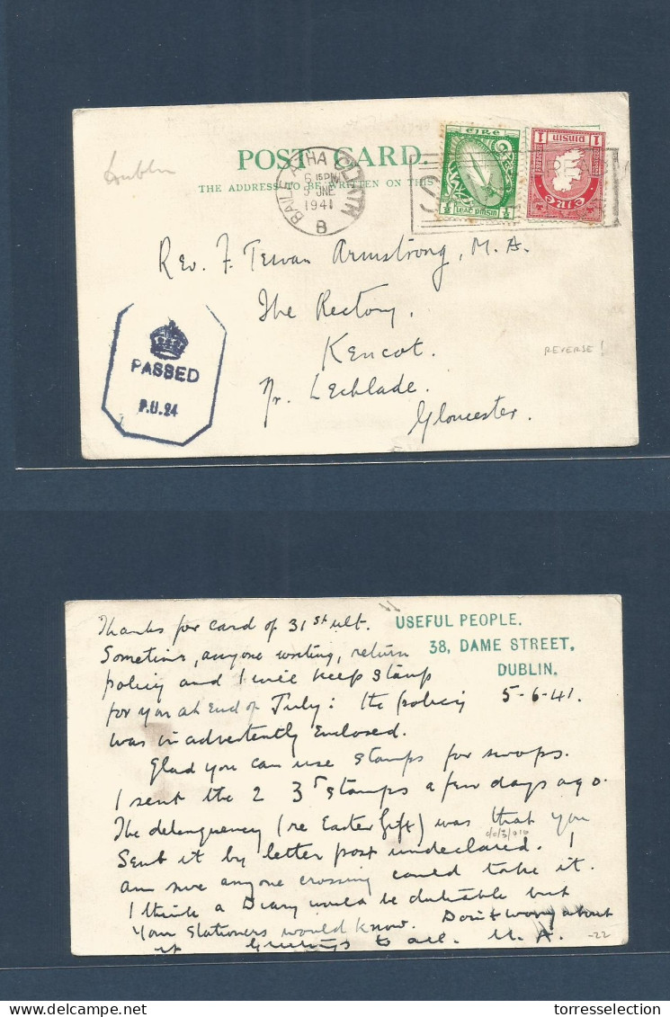 EIRE. 1941 (5 July) Bale Atha Cltath - Gloucester, Kencot. USEFUL PEOPLE. Dublin, Dame Street Private Card Fkd + Censore - Usati