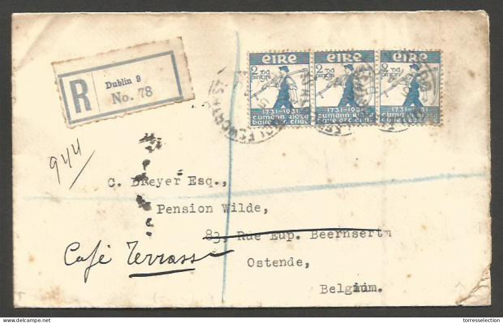 EIRE. 1931 (5 Aug). Dublin - Belgium, Ostende (8 Aug). Reg Multifkd Env 2p Blue Horiz Strip Of Three. Via Isdleworth. - Used Stamps