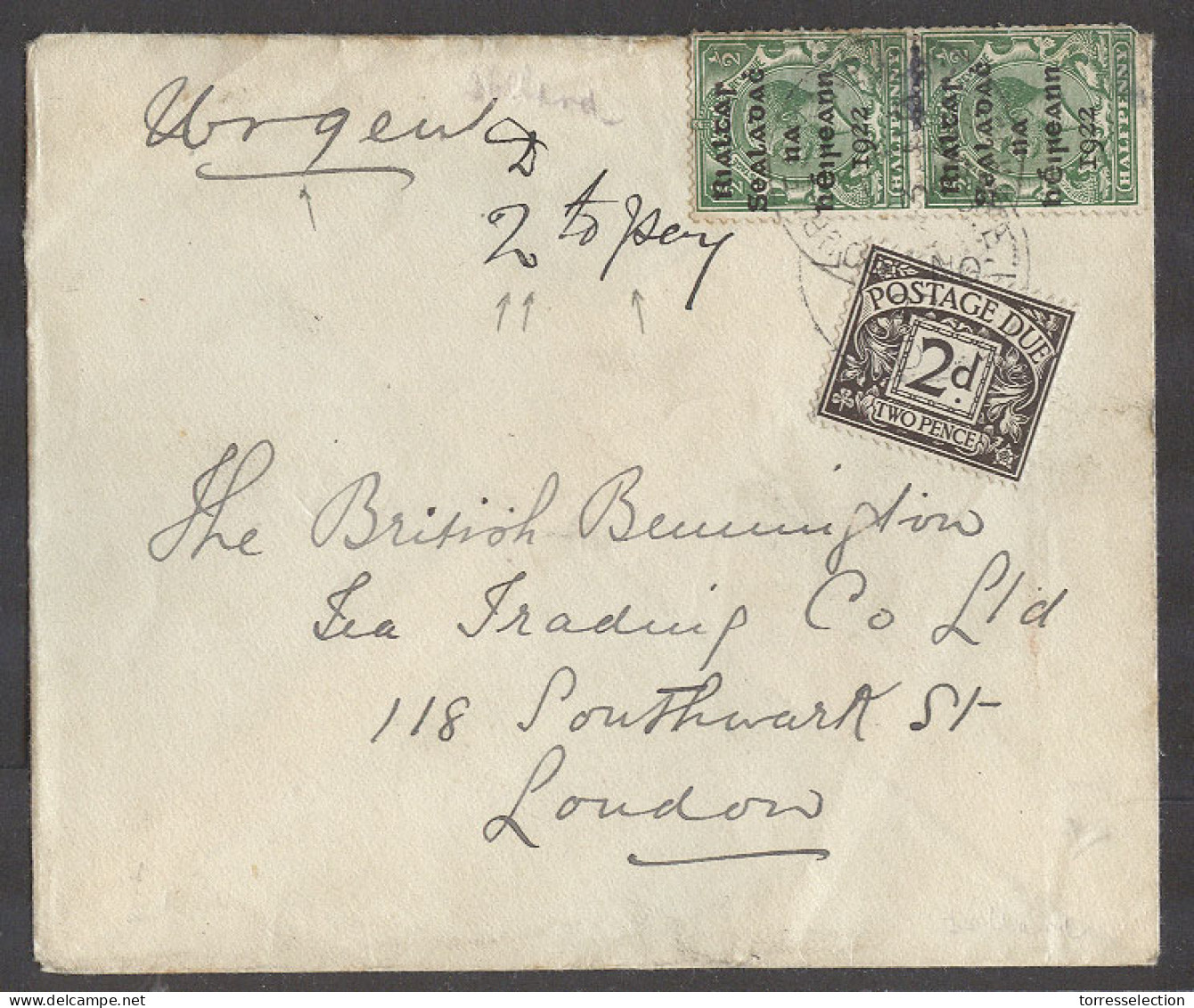 EIRE. 1922 (Oct). Fkd Env To London, UK With 1/2d Green Vert Pair Ovptd Issue Urgent Manuscript 2 To Pay GB 2d Tied Post - Used Stamps