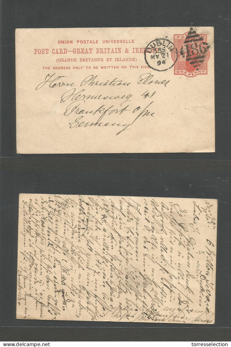 EIRE. 1894 (21 May) Dublin - Germany, Frankfurt. Queen Victory 1d Red, Diamond Cancel + Cds. Fine. - Usati