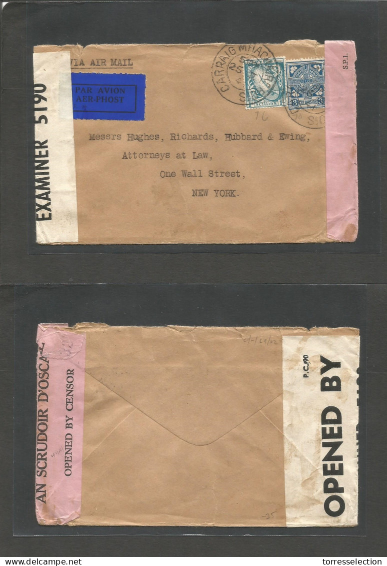 EIRE. 1941 (25 Febr) Carrarg Maachaire - USA, NYC. Fkd Air Dual Censored Envelope. Fine Used. - Usados