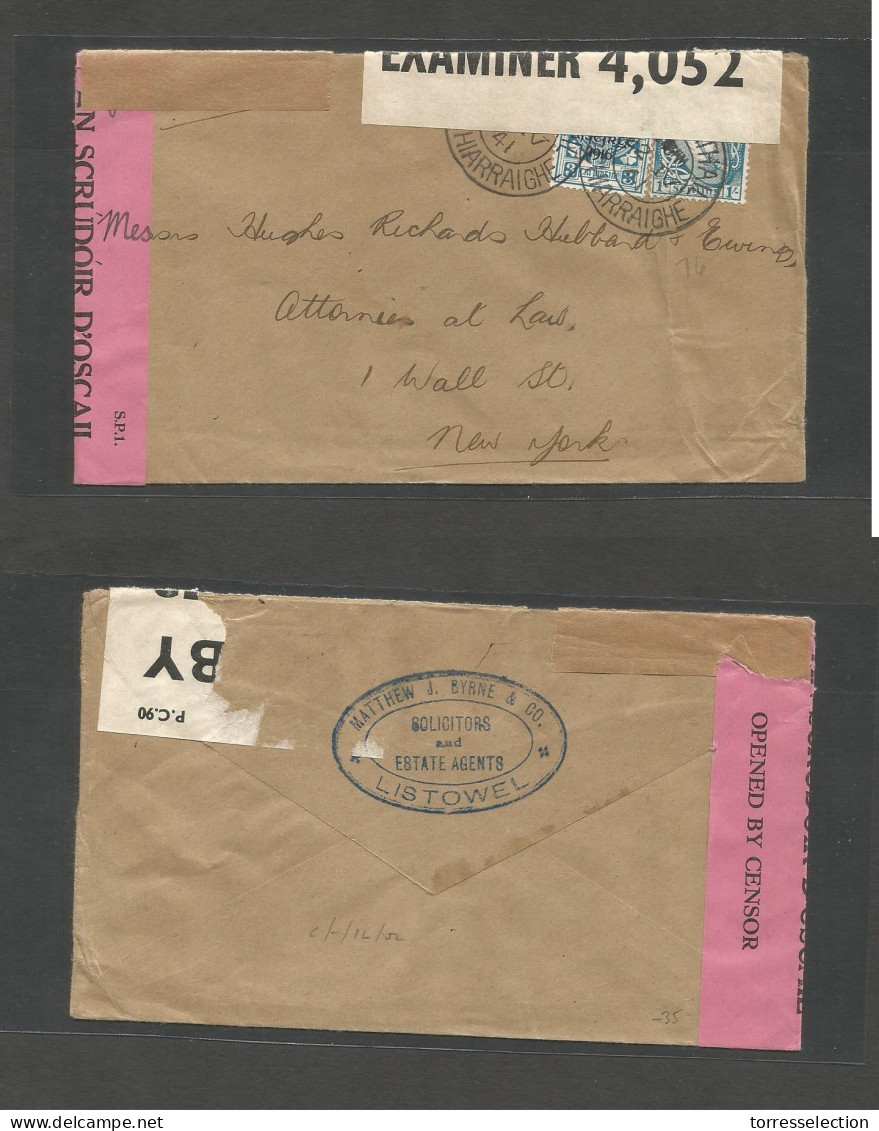 EIRE. 1941 (22 April) Cº Chiarraighe - USA, NYC. Fkd Envelope + Dual Censored. Fine. - Oblitérés