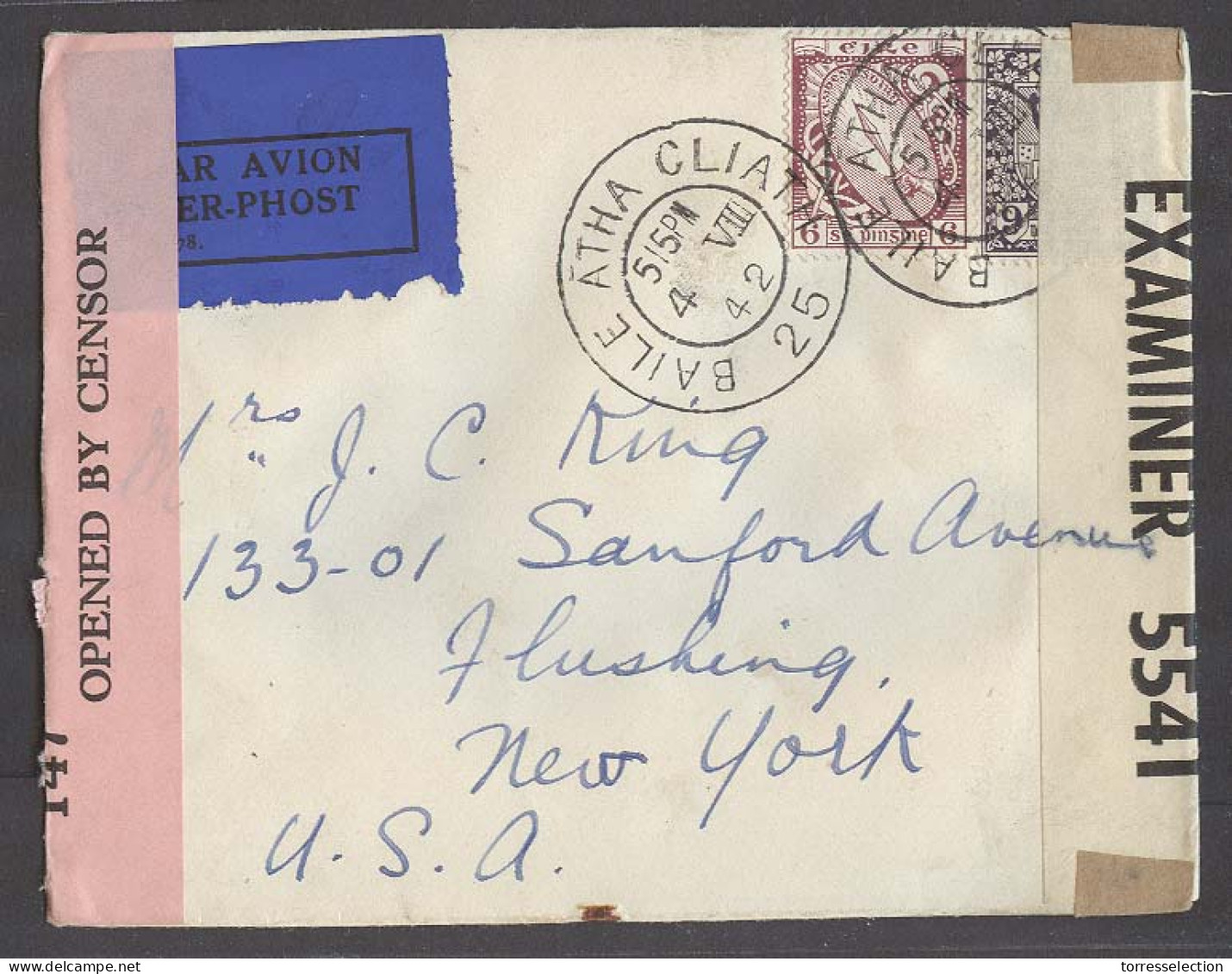 EIRE. 1942 (4 Aug). Baile Atha Cliath - UA / NY. Air Multifkd Env 15d Rate Dual Censored. Fine. - Usati