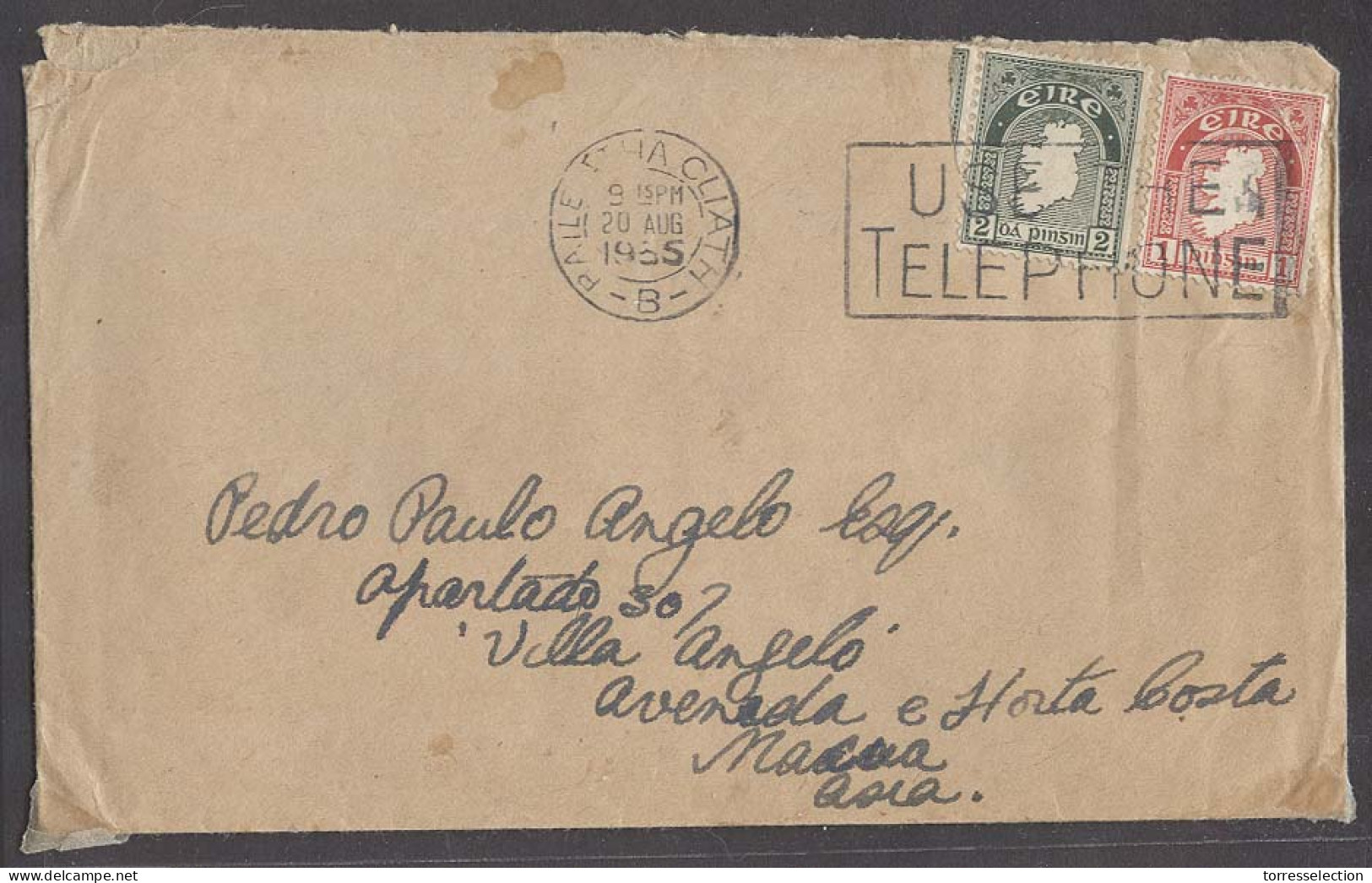 EIRE. 1935 (20 Aug). Baile Atha Chiath - Macau (18 Sept). Via HK Fkd Env Better Dest Usage With Arrival Cachet. - Used Stamps