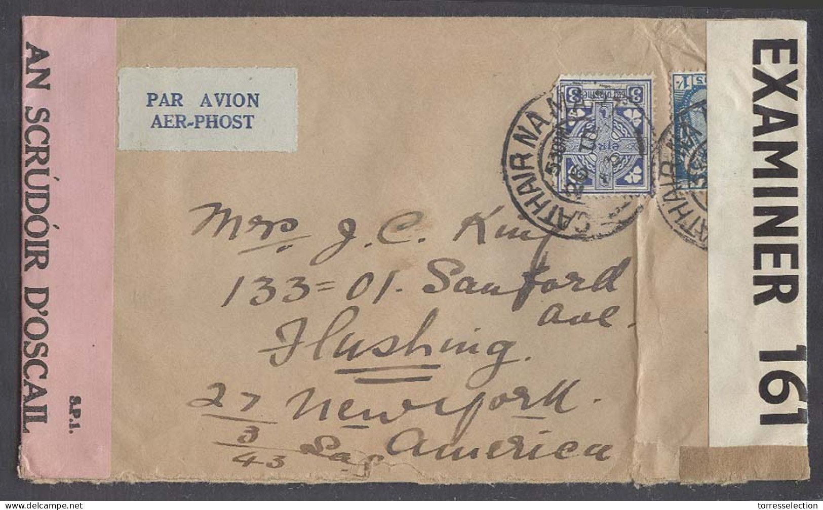 EIRE. 1943 (26 March). Cathair Na Mari - USA / Flushing. Air Fkd Env Dual Censored. Fine 1sh 3d Rate Label. - Used Stamps