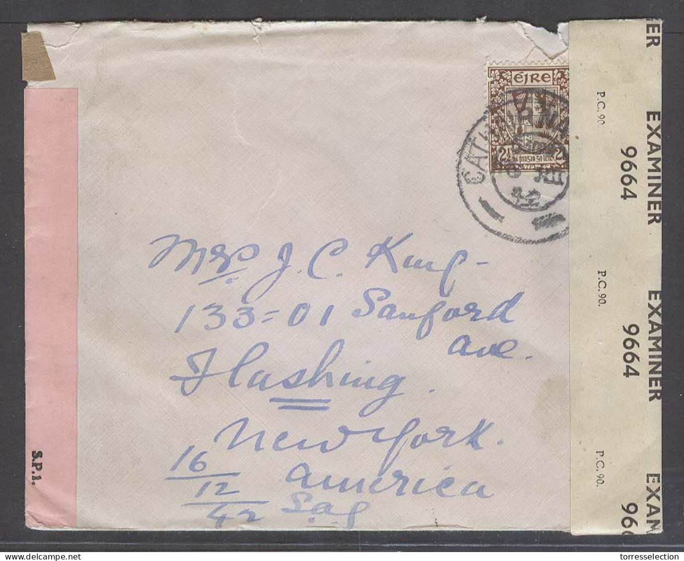 EIRE. 1942 (16 Dic). Cathair NA Mari - USA / NY. Fkd Env Dual Censor. 2 1/2d. - Usados