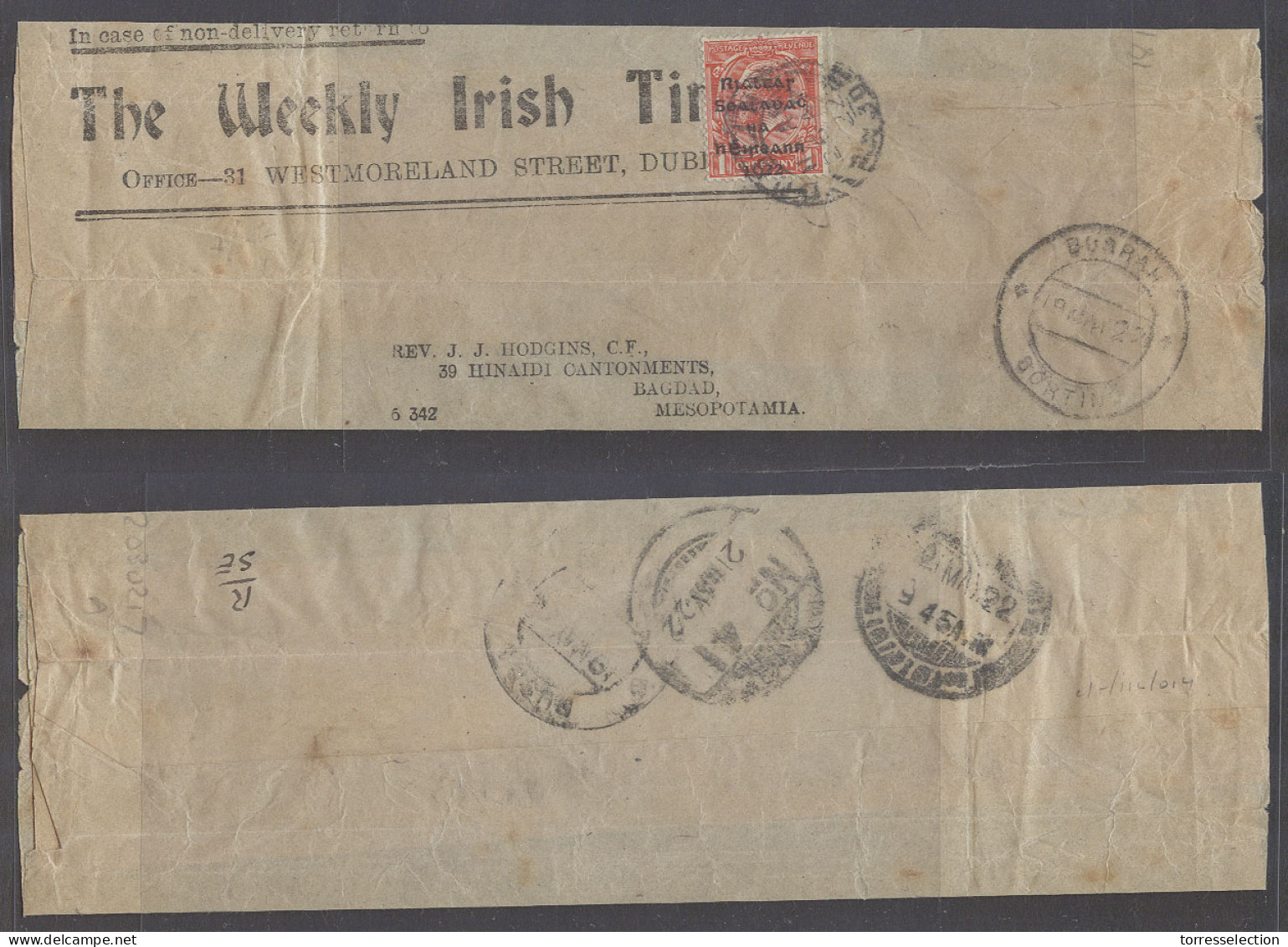 EIRE. 1922 (26 April). Dublin - Iraq, Basrah. Via APO Nº41 Military British Mail. Most Unusual 1st Issue Complete Wrappe - Oblitérés