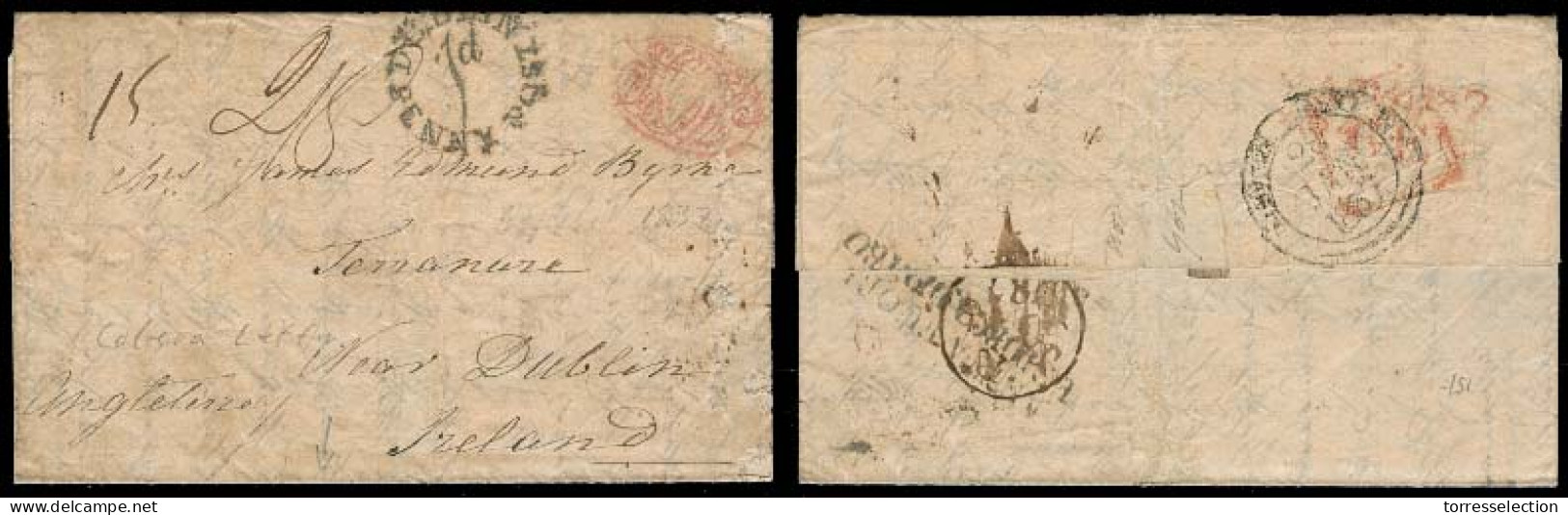 EIRE. 1837. Italy - Ireland. EL Full Text Via Napoli + London (28 Jan 37). Netto Fuoro E Dentro Doble Line Dissinfection - Used Stamps