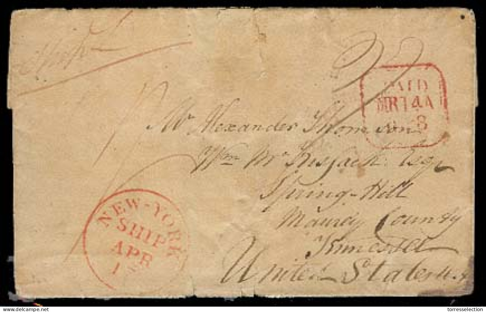 EIRE. 1838 (14 March). Dublin - USA / Spring Hill, Tennessee. EE Red Paid Box, NY/ Ship 17 April + 1 Sh + Other Charges. - Oblitérés