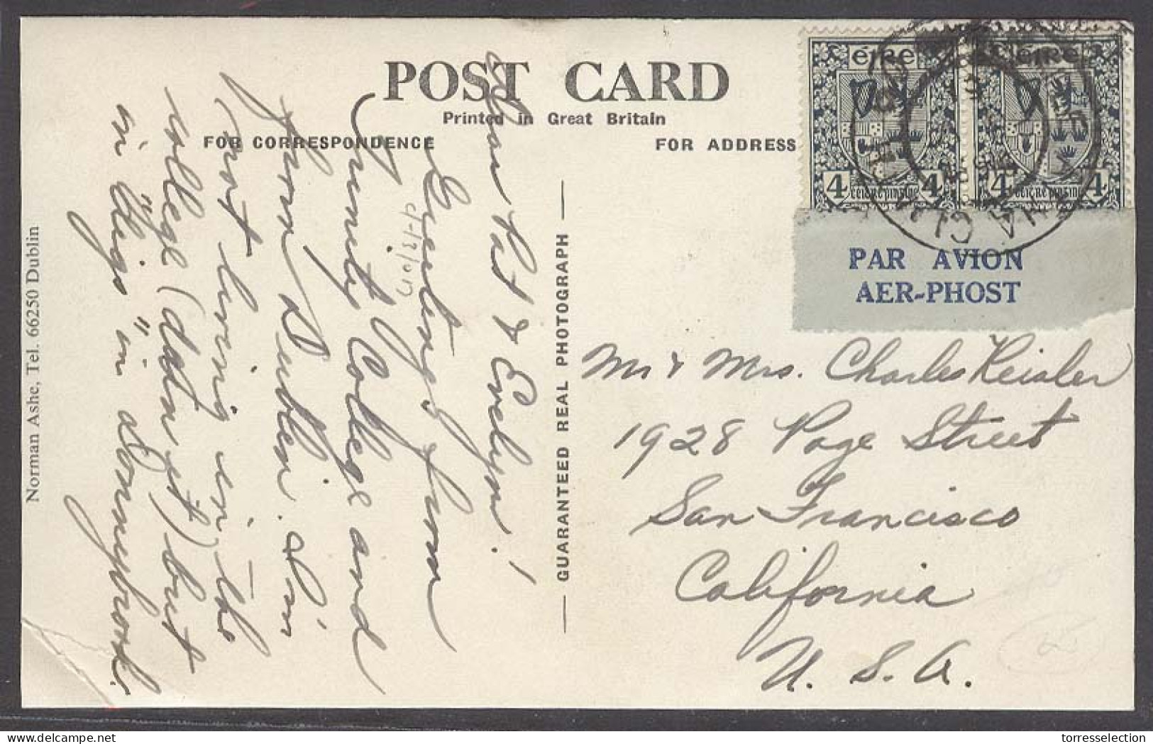 EIRE. 1946 (19 April). Atha Cuth - USA. Air Fkd PPC Air Gaelic Tied Bilingual Label. Fine Early. - Oblitérés