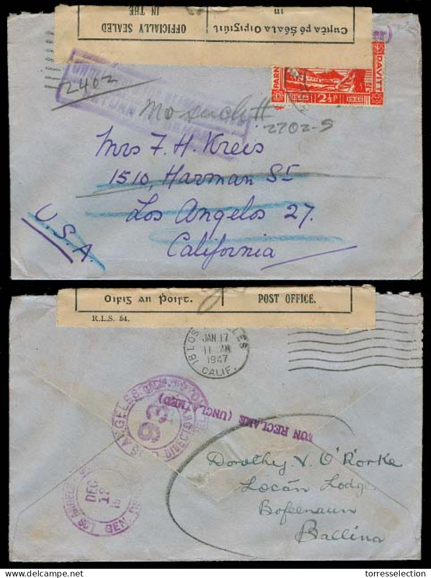 EIRE. 1947. Bofenaun - USA / CA. Fkd Censor + Aux Marking Env. - Gebraucht