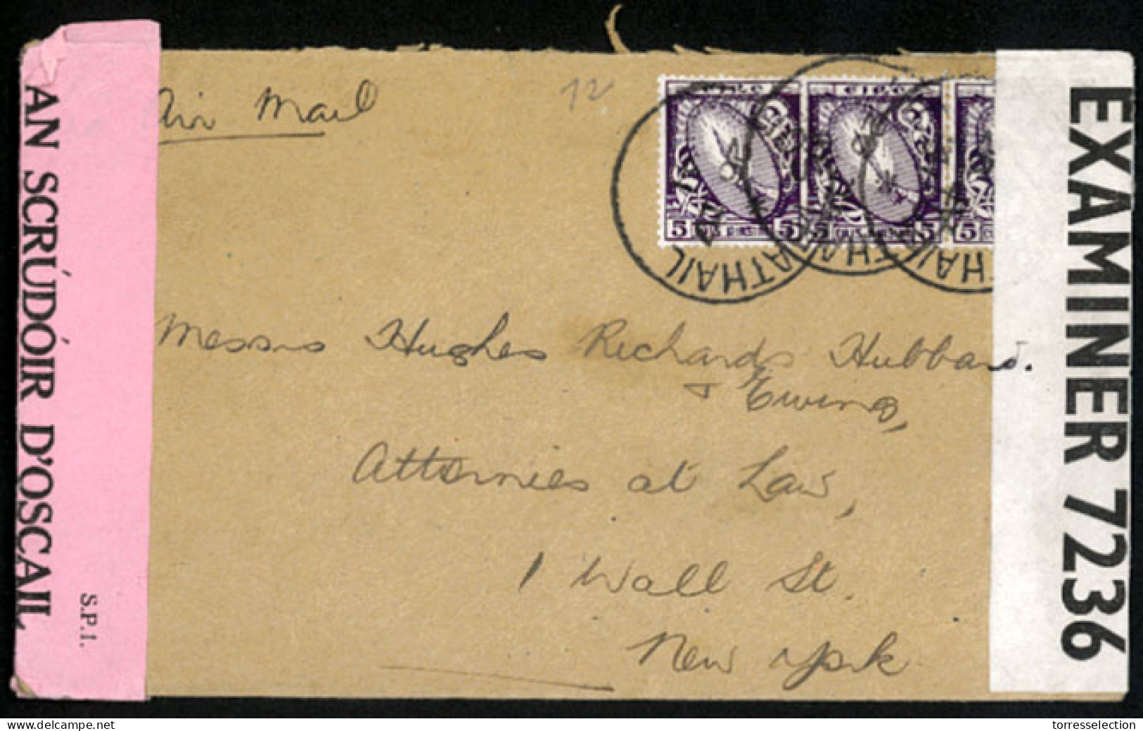 EIRE. 1941. Tuathail To USA. Franked Envelope Irish+US Censor Labels. - Usados