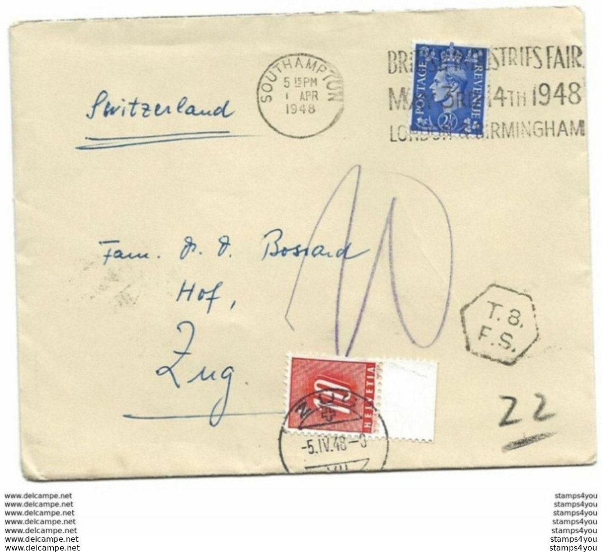 104 - 55 - Enveloppe Envoyée De GB - Affranchissement Insuffisant - Timbre Suisse Taxe 1948 - Portomarken