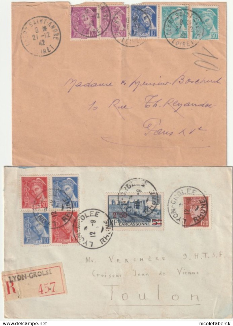 Mercure, Lettre De Cléry St André  + Lettre Avec Dateur Endommage Recommandée Pour Toulon. Rare. - 1938-42 Mercurio