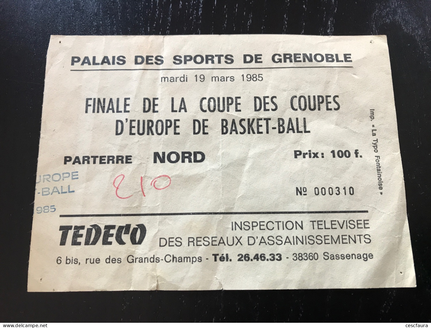 Ticket De La Finale De La Coupe Des Coupes D’Europe De Basket-Ball 19/03/1985 Grenoble: FC Barcelone Vs Zalgiris Kaunas - Eintrittskarten