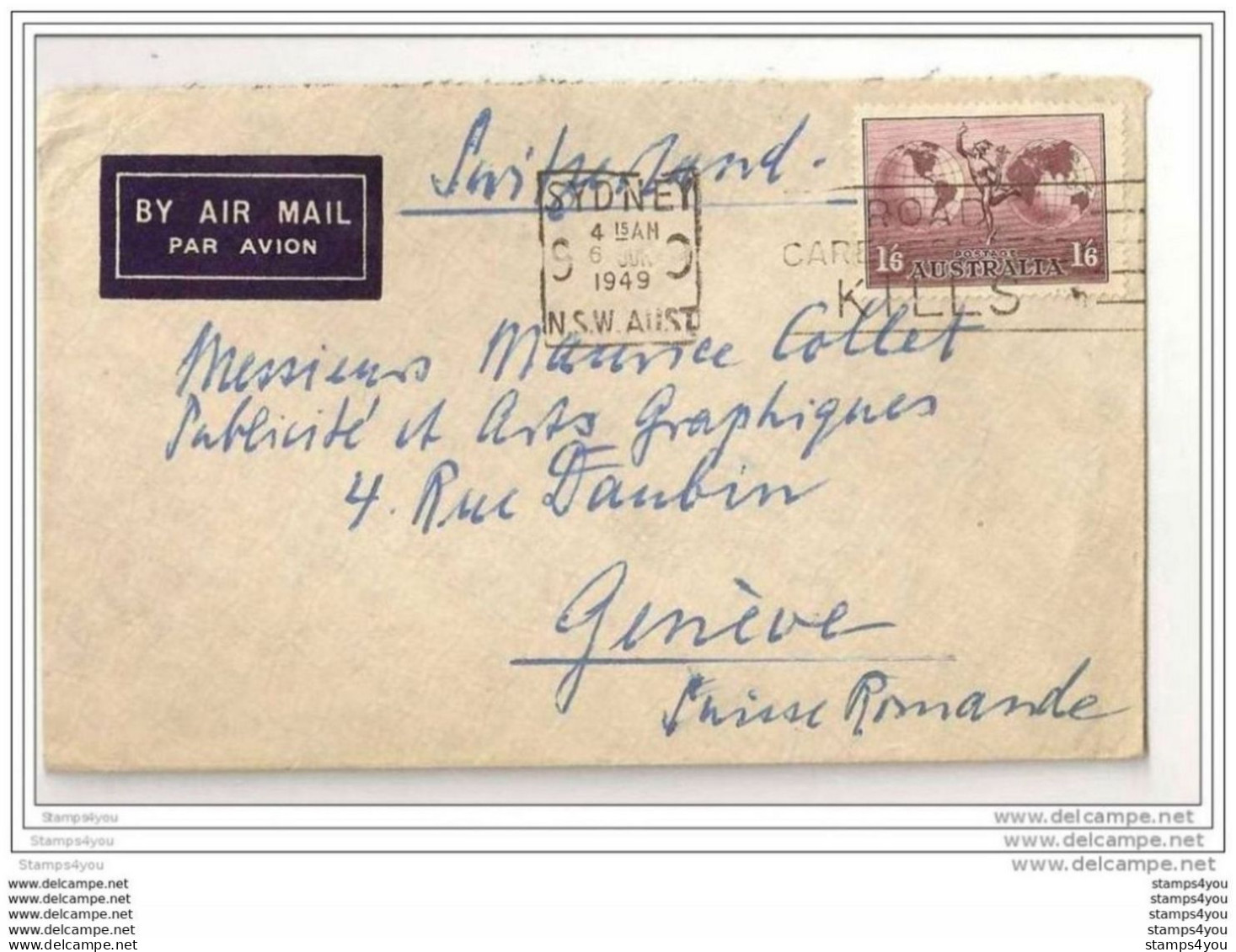 101 - 55 - Lettre Avion Envoyée De Sydney En Suisse 1949 - Briefe U. Dokumente