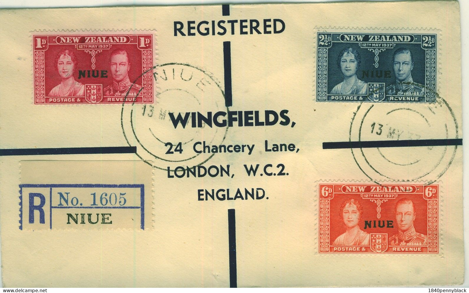 NIUE KGVI 1937 Coronation SG  72-4 On Registered First Day Cover To London - Niue