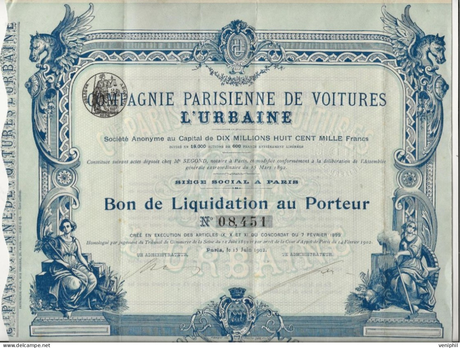 COMPAGNIE PARISIENNE DE VOITURES L'URBAINE - BON DE LIQUIDATION - ANNEE 1902 - Automobile