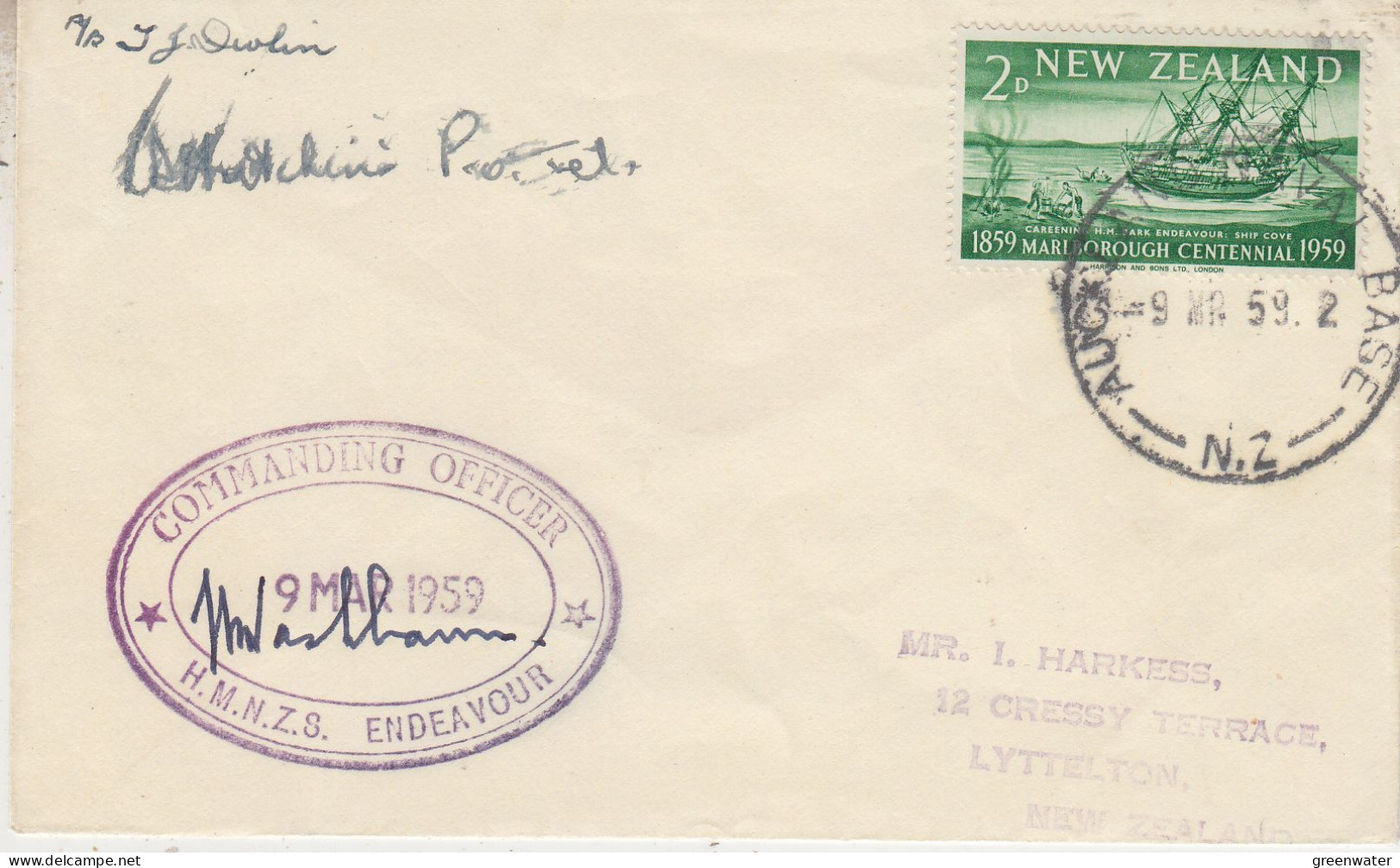 New Zealand 1959 HMNZS Endeavour Cover Signature Ca  Auckland Naval Base 9 MR 1959 (SR168) - Polar Ships & Icebreakers