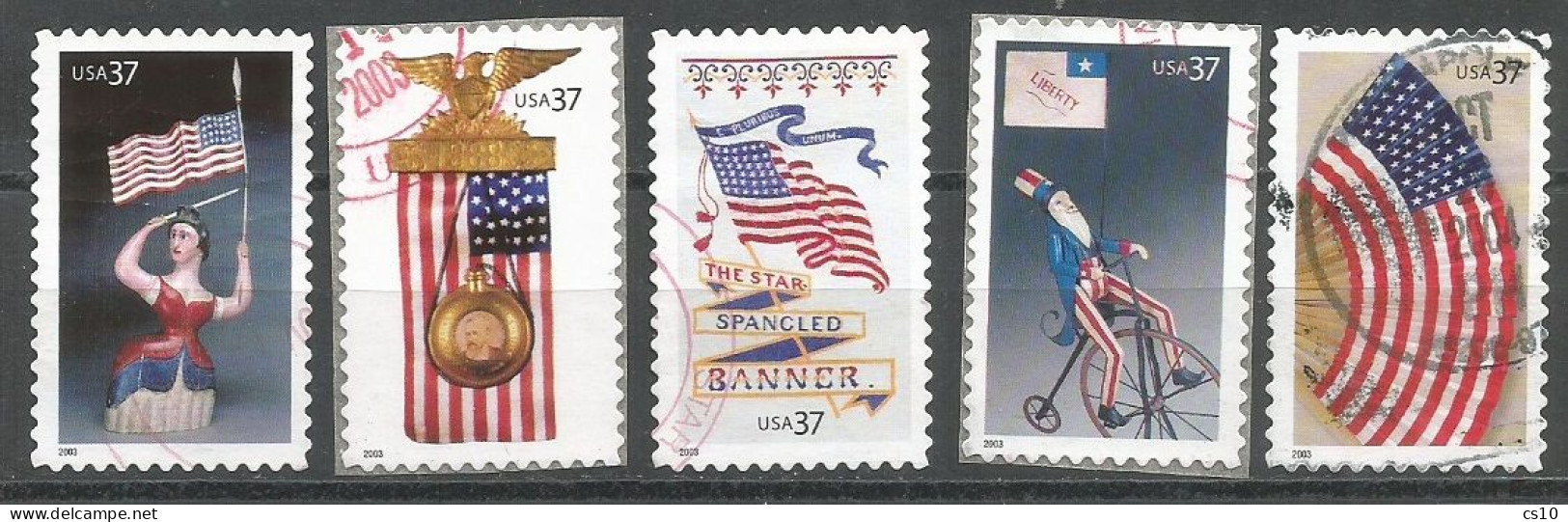 USA 2003 Patriotic Flags SC.# 3776/80 Cpl 5v Set In VFU Condition With Circular PMK - Strips & Multiples