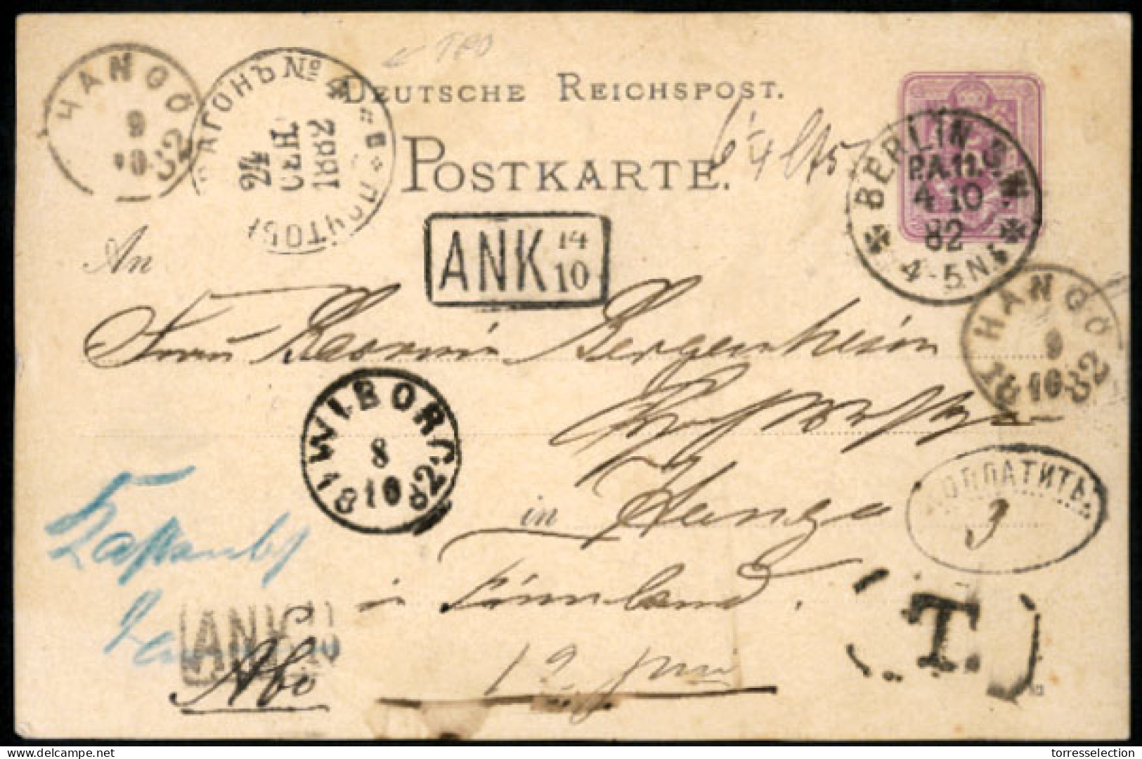 FINLAND. 1882. FINLAND - RUSSIA - GERMANY. 5pf. Postal Stationery Card To HANGO, Finland, Cancelled BERLIN, S.W.date Sta - Other & Unclassified