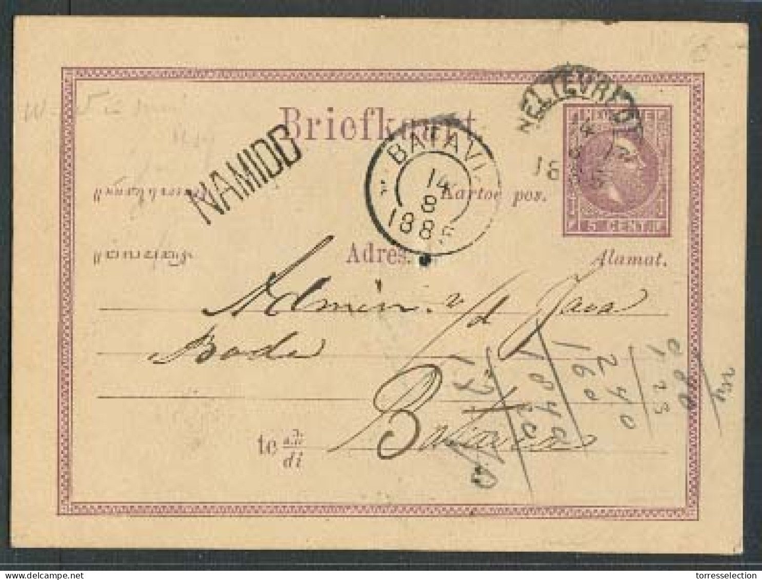 DUTCH INDIES. 1885. Weltevreden - Batavia. 5c Lilac Stat Card. Namidd Stline. VF. - Indonesië