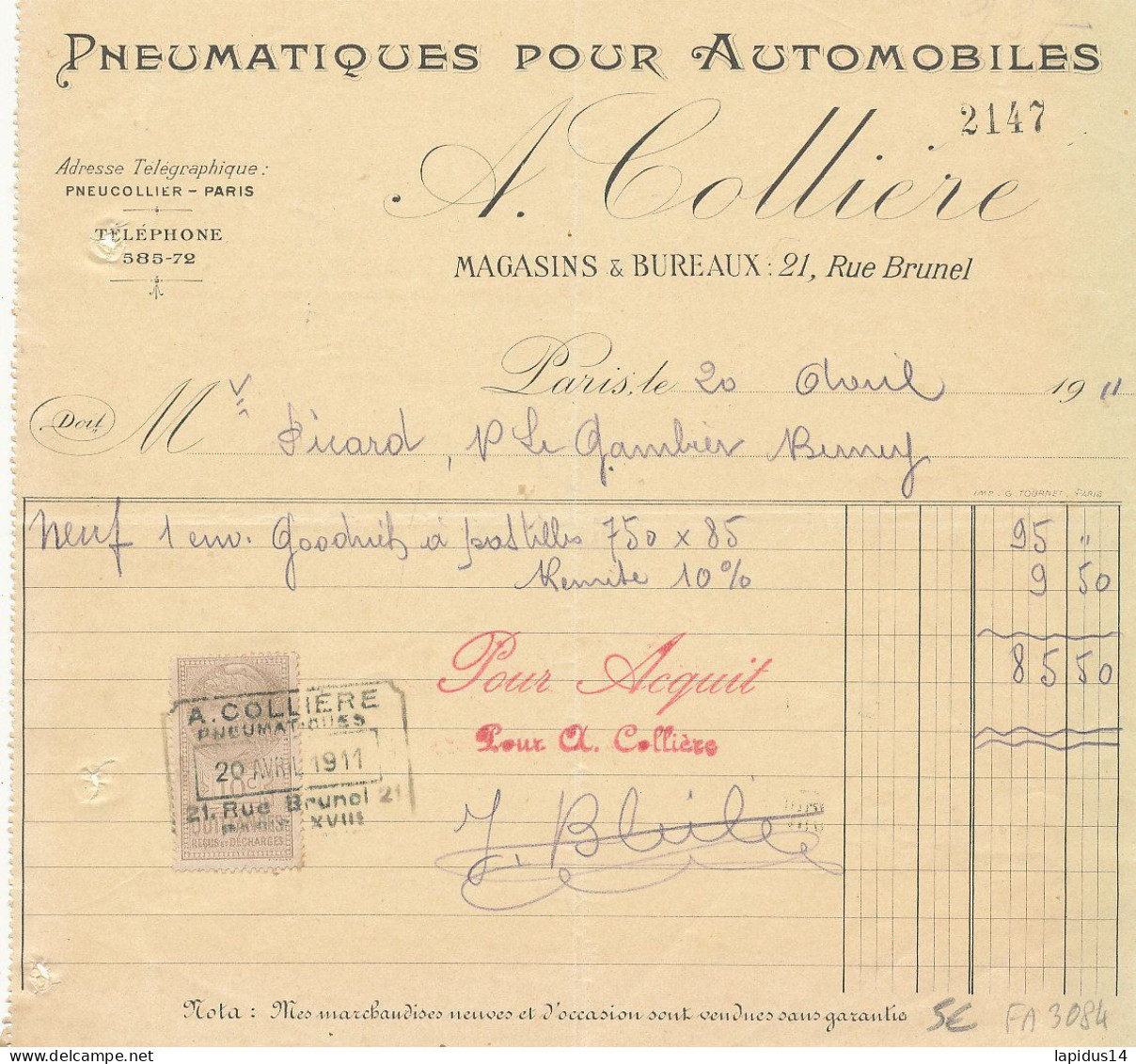 FA 3084     FACTURE    PNEUMATIQUES POUR AUTOMOBILES  A. COLLIERE  PARIS - Auto's