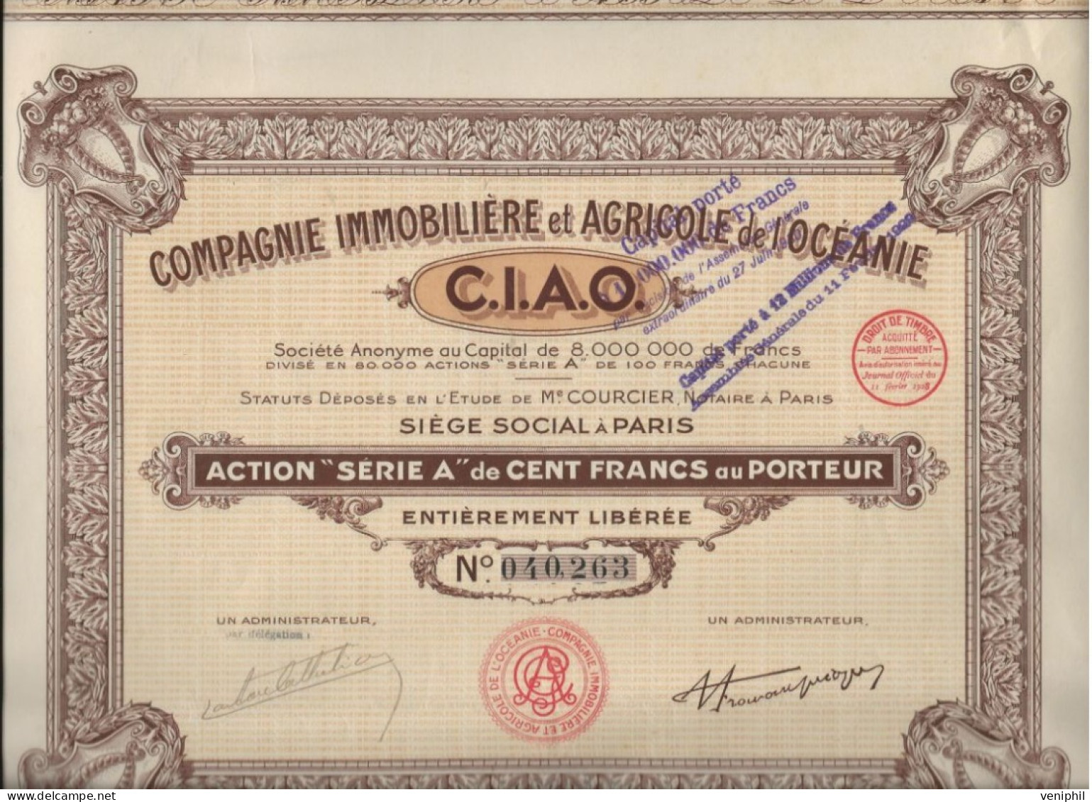 COMPAGNIE IMMOBILIERE ET AGRICOLE DE L'OCEANIE - C.I.A.O . -ACTION SERIE A DE CENT FRANCS - 1928 - Asie