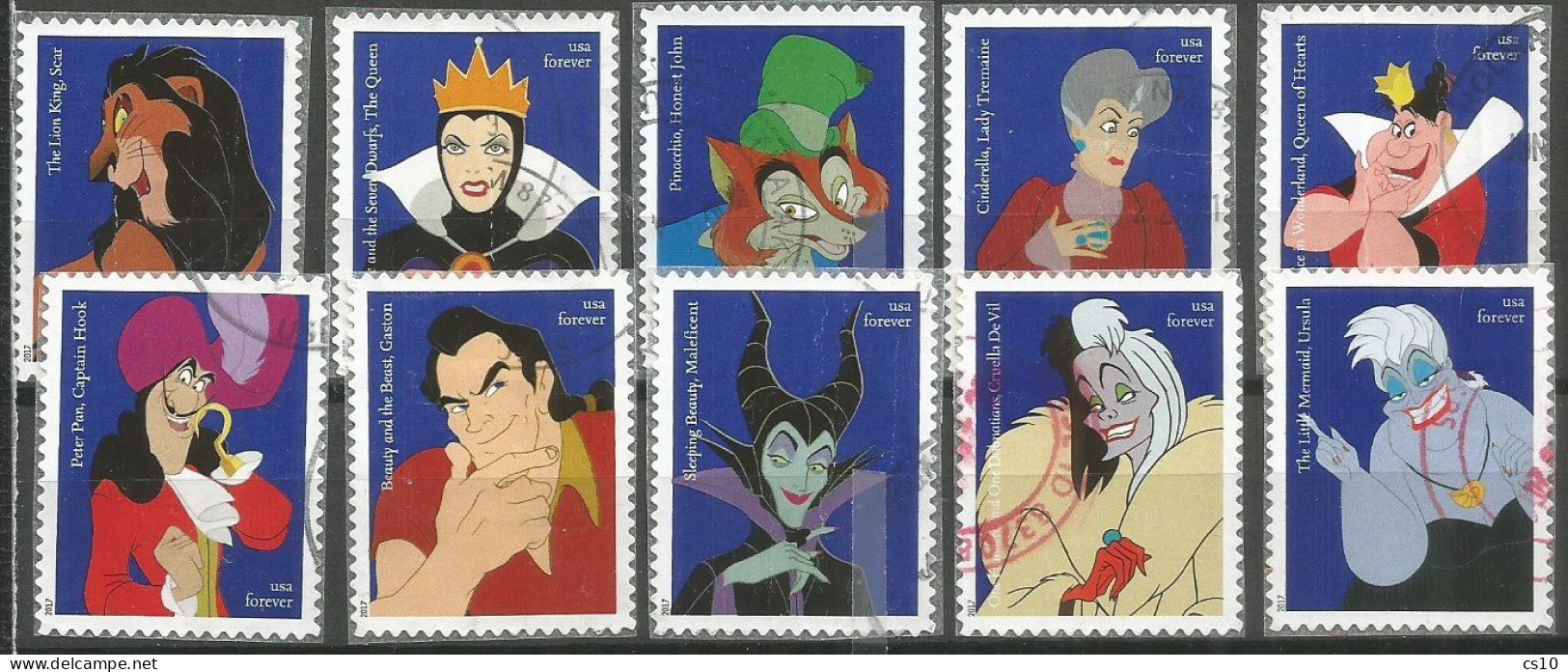 USA 2017 Walt Disney Villains Issue - SC 5213-22 MI 5417-26 YT 5040-49 - Cpl 10v Set - VFU Condition - Blocks & Sheetlets