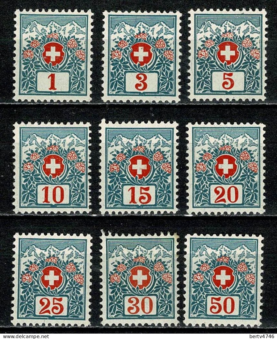 Helvetia Taxe 1910 Yv 42/50**, Mi 29/37** MNH (2 Scans) Gom 49 Onzuiver / Gomme 49 Impure - Taxe