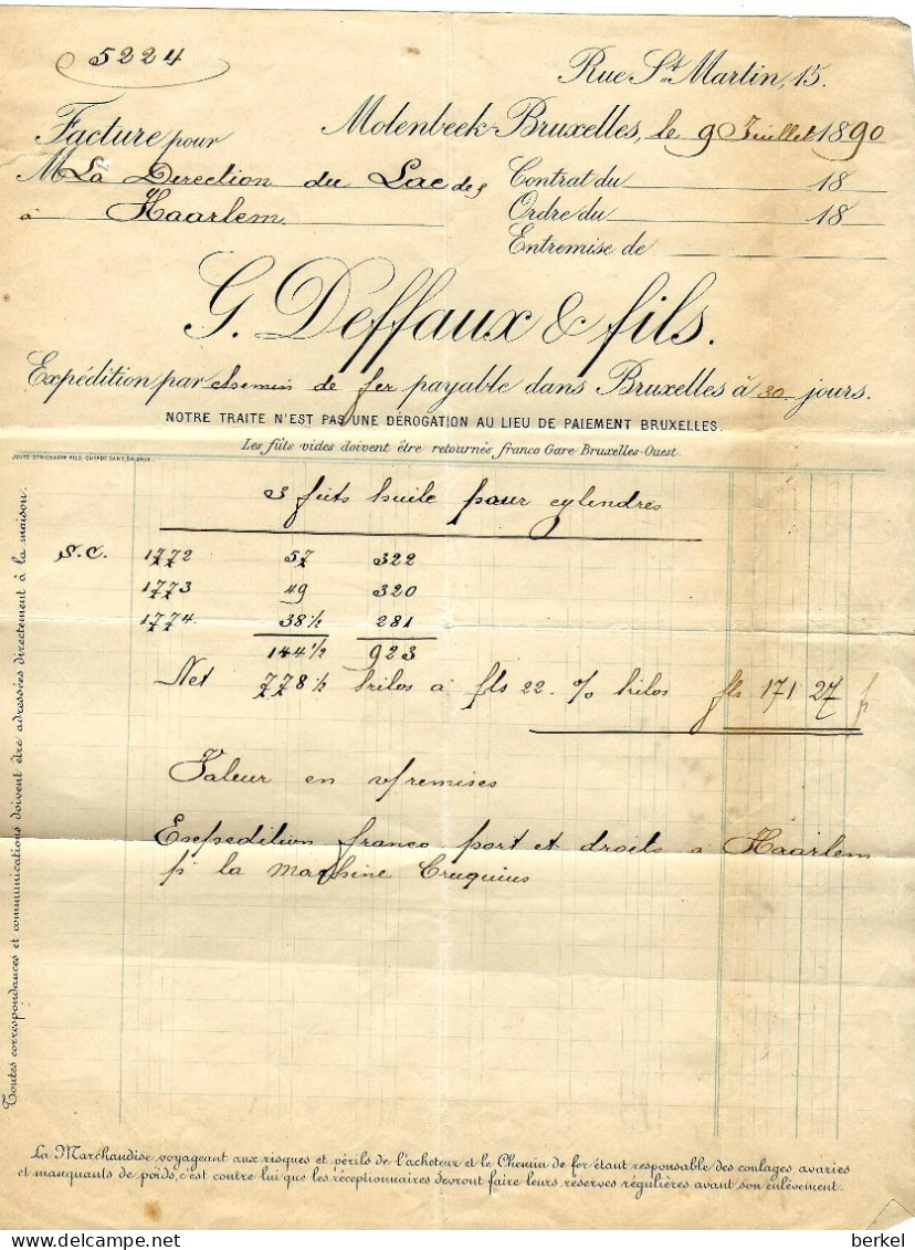 Facture G.DEFFAUX  & Fils MOLENBEEK BRUSSEL 1890  9 JUILLET Vers PAYS-BAS - Alimentos