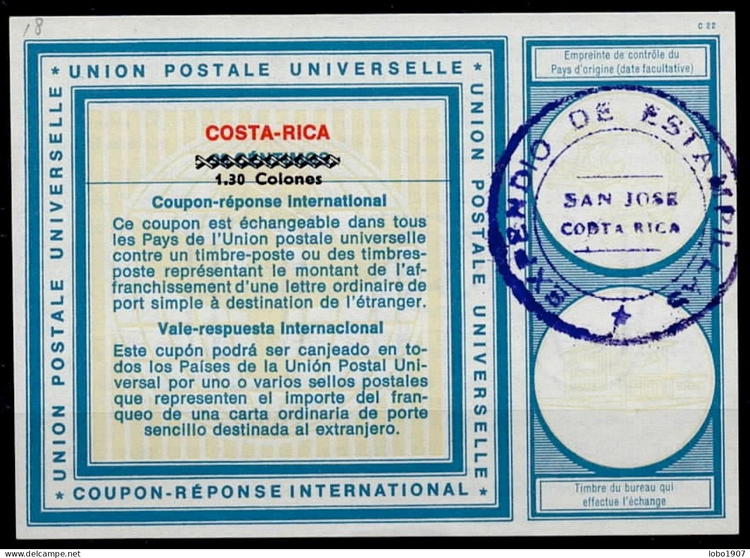 COSTA RICA  Vi18  1.30 Colones / 90 CENTAVOS  Int. Reply Coupon Reponse Antwortschein IAS IRC VALE RESPUESTA   SAN JOSÉ - Costa Rica
