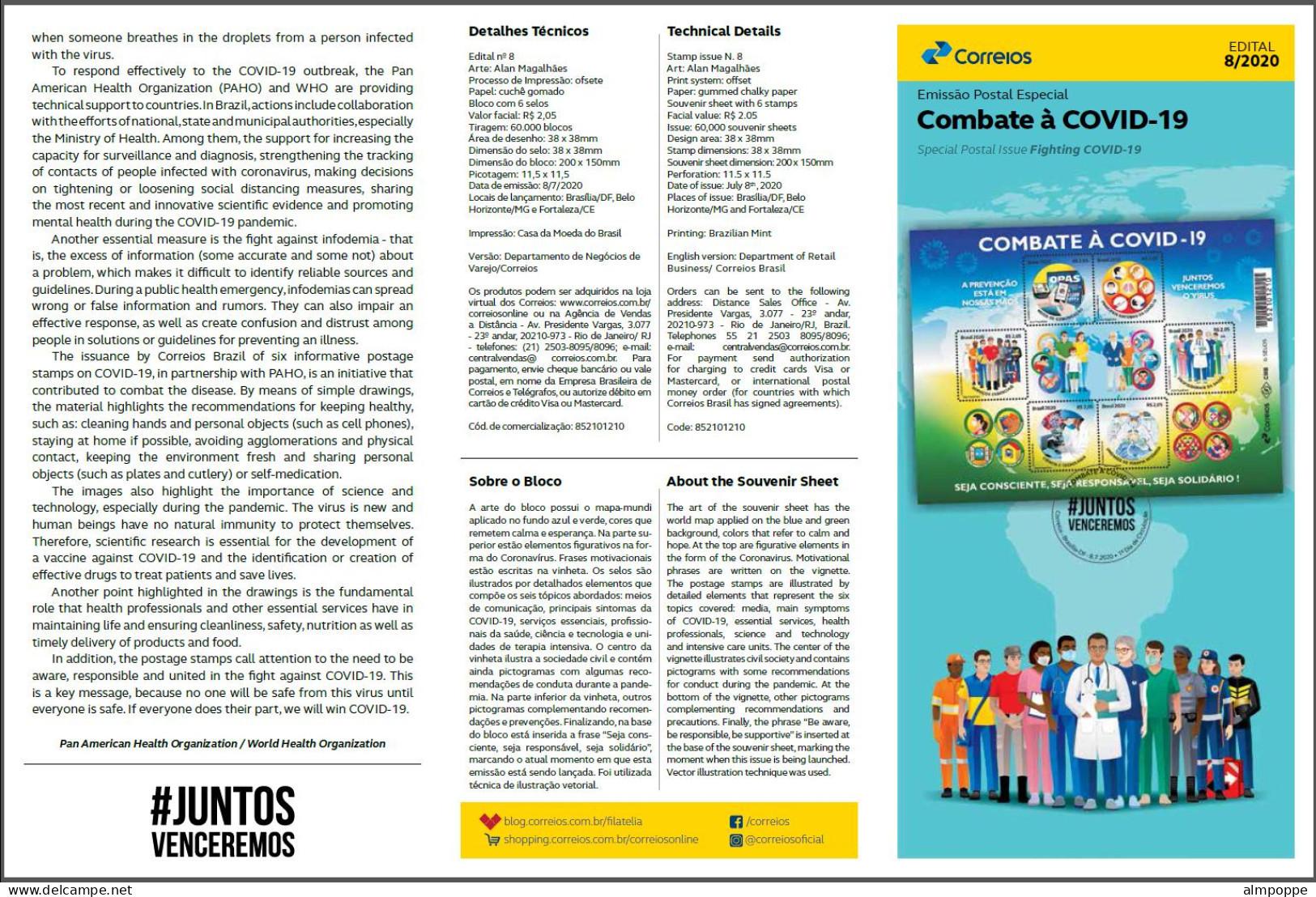 Ref. BR-V2020-08+E BRAZIL 2020 - FIGHTING COVID-19, VIRUS,EPIDEMIC, PREVENTION, MNH + BROCHURE, HEALTH 6V - Neufs