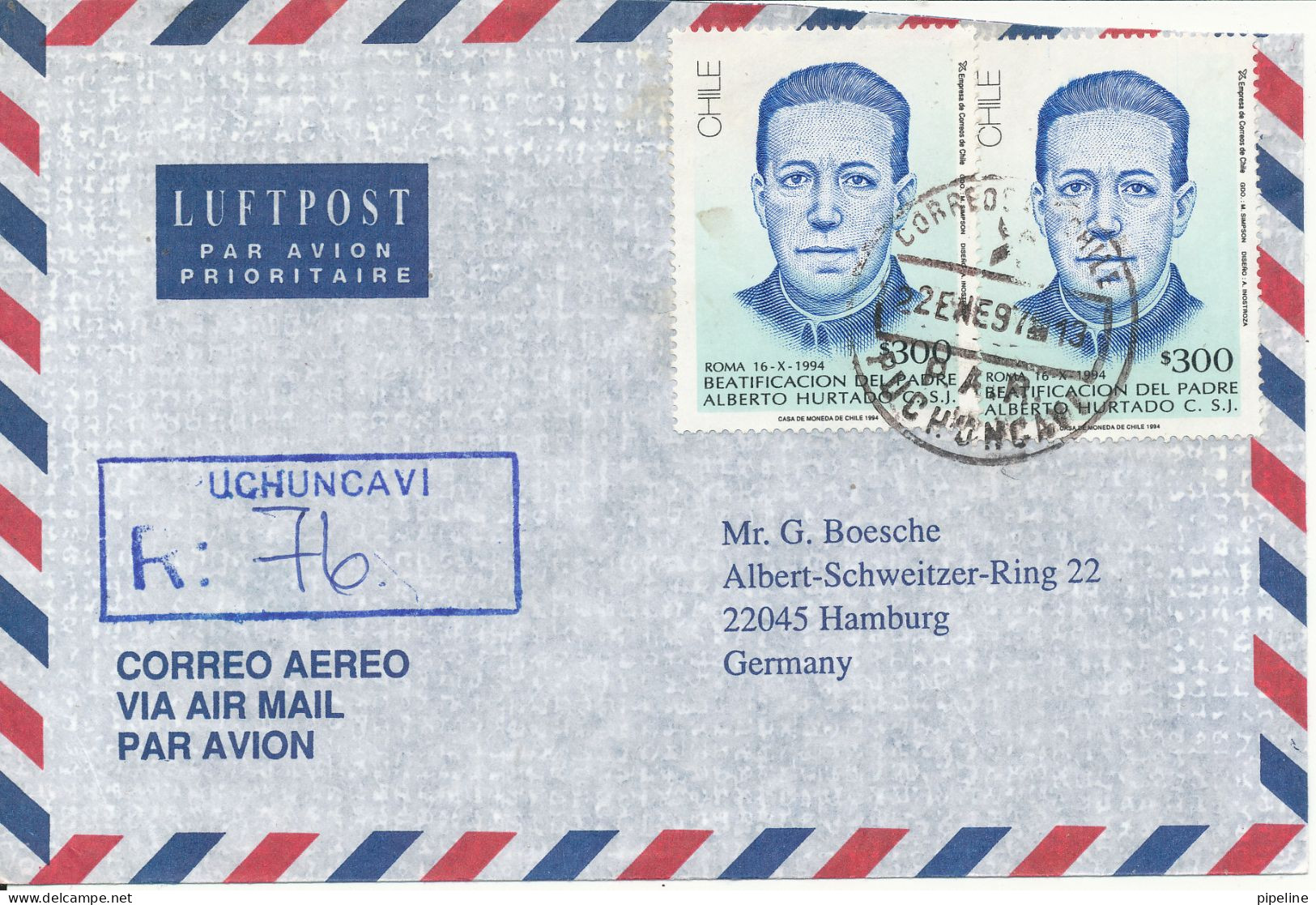 Chile Registered Air Mail Cover Sent To Germany 22-1-1997 - Chile