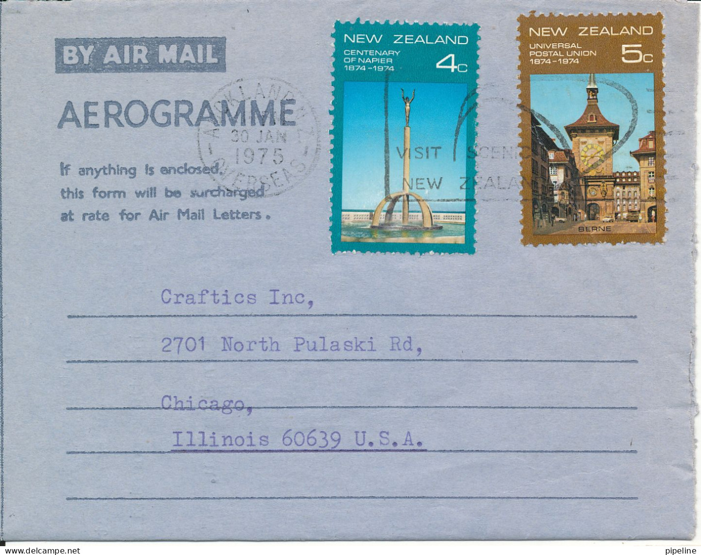 New Zealand Aerogramme Sent To USA 30-1-1975 - Luchtpost