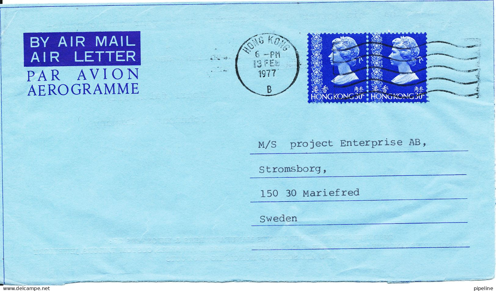 Hong Kong Aerogramme Hong Kong 13-2-1977 Sent To Sweden - Briefe U. Dokumente