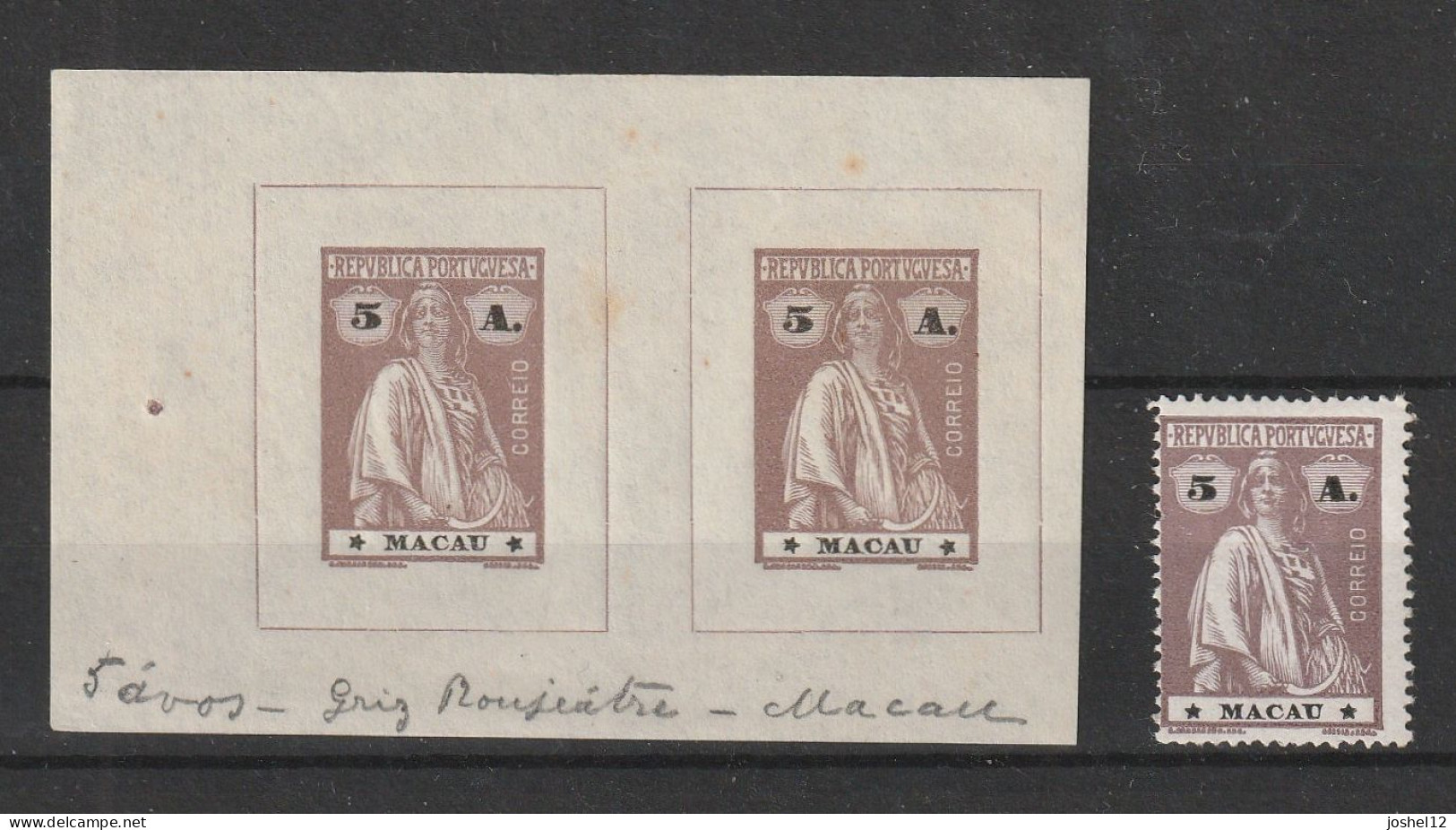 Macau Macao 1913 Ceres 5a Proof Pair. MNH/No Gum - Unused Stamps