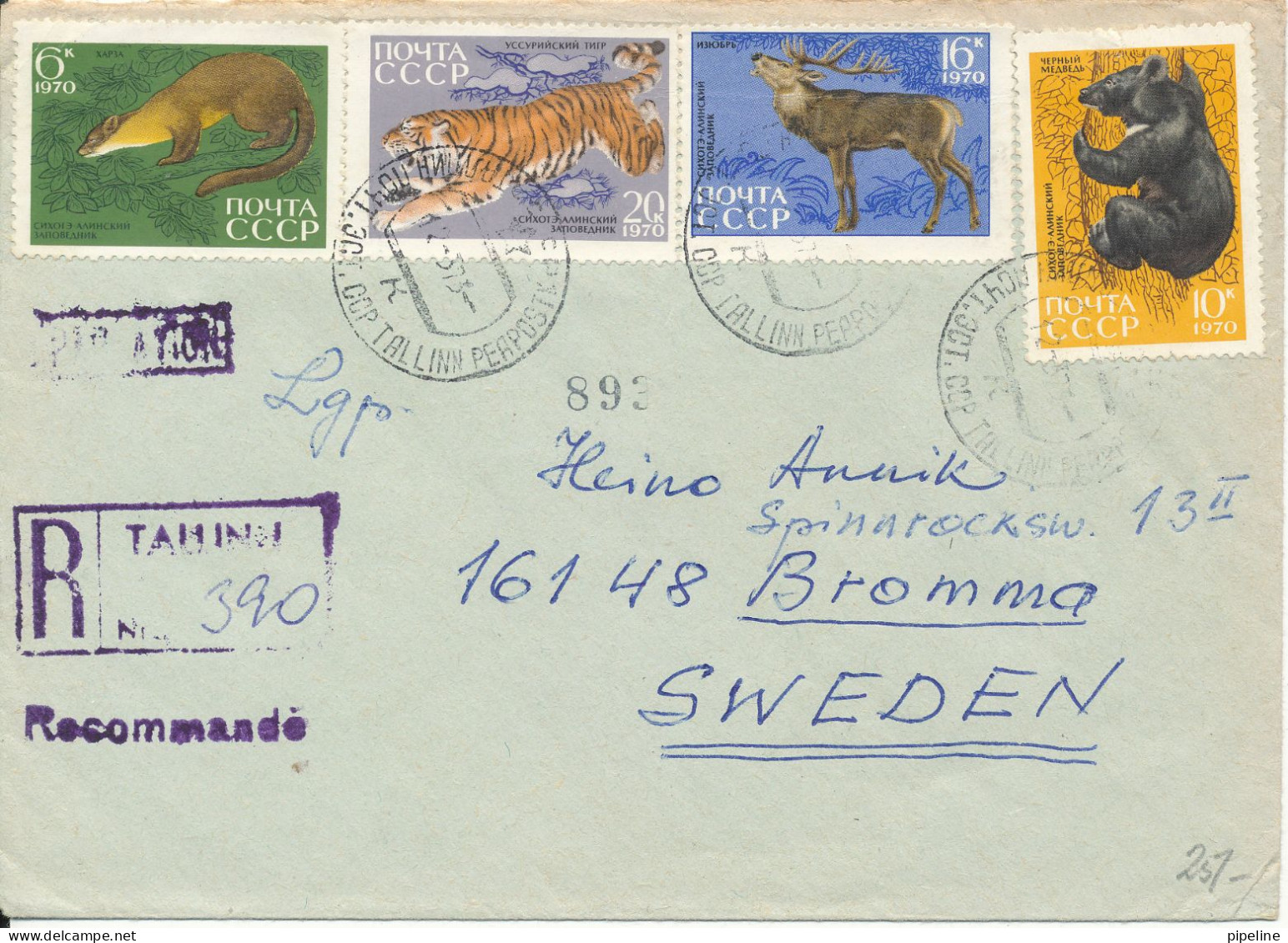 USSR (Estonia) Registered Cover Sent To Sweden 1957 Topic Stamps Animals - Cartas & Documentos