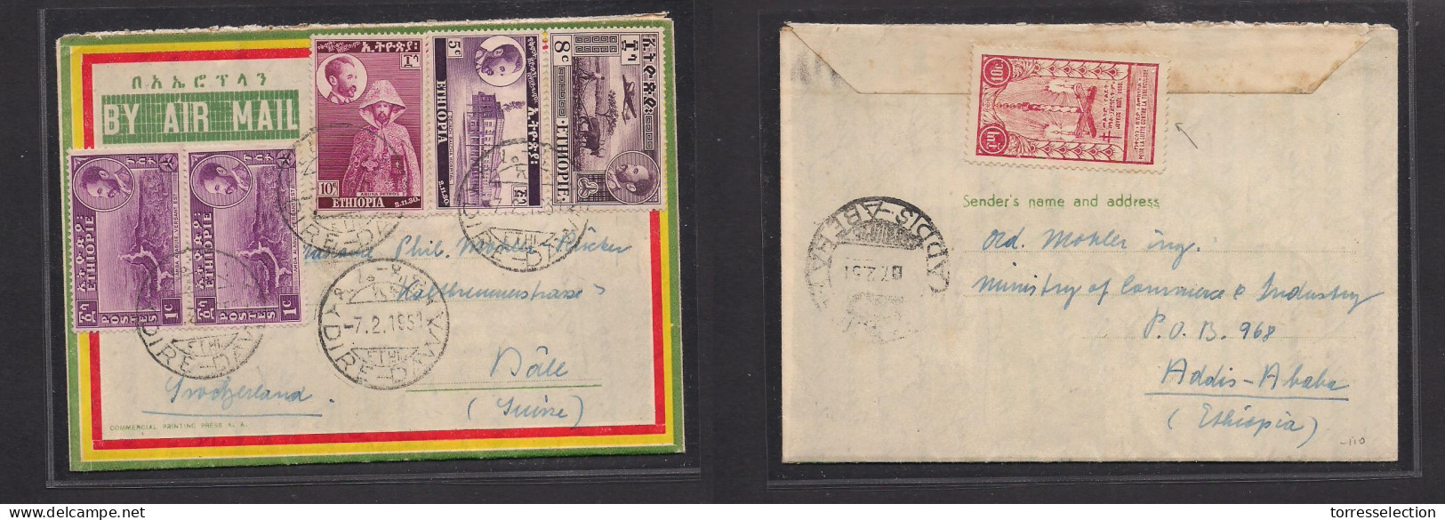 ETHIOPIA. 1951 (7 Febr) Dire Dawa - Switzerland, Basel. National Flag Bilingual Multifkd Airletter Sheet. Reverse Sealin - Etiopia